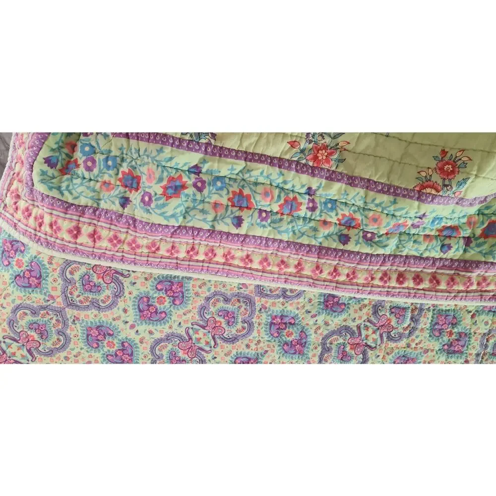 Soft Surroundings Cotton Quilt Reversible Green Purple Queen Sham Set